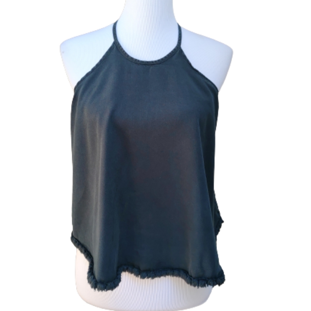 Unpublished Halter Neck Blouse Black Fringe Trim Solid Lightweight